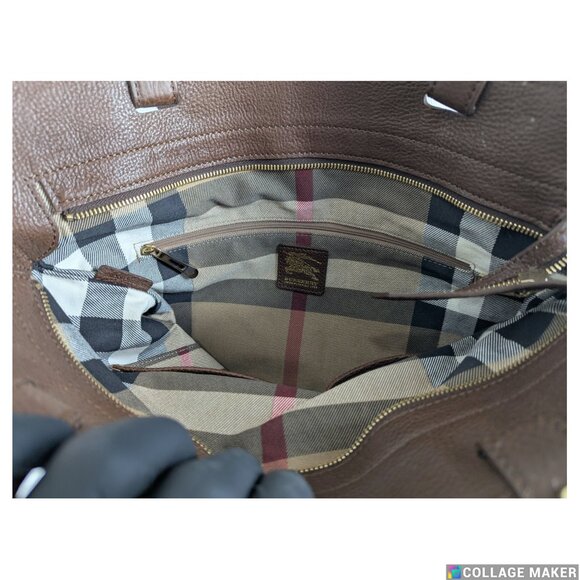 Authentic BURBERRY Beige Embroidered Tote Bag Brown Leather Canvas Logo Large - Picture 4 of 10